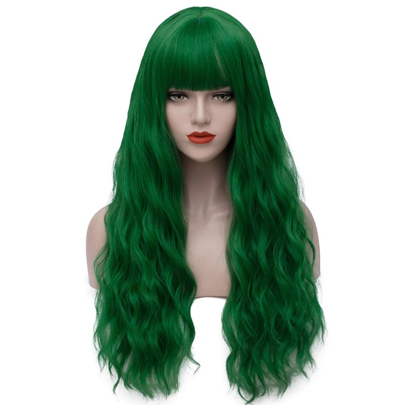 Juziviee Green Wigs for Women 26'' Long Green Wig with Bangs Curly Wavy Cute Synthetic Soft Hair Wigs for St Patrick's Party AD002GR - Image 1